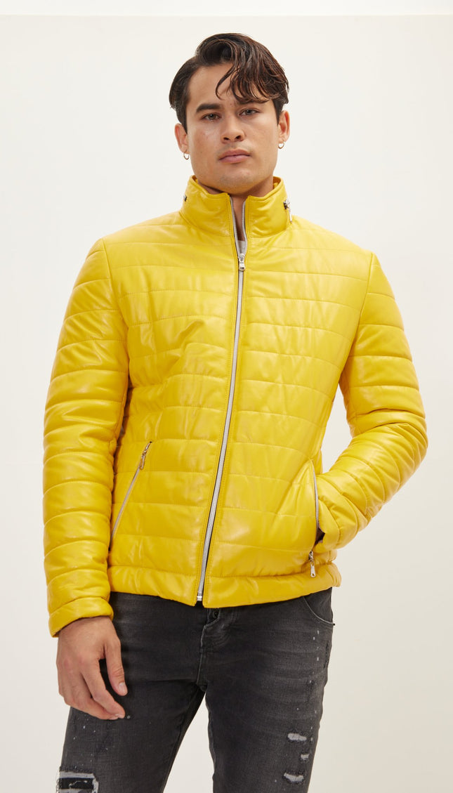 Lambskin Leather Puffer Jacket - Yellow - Ron Tomson
