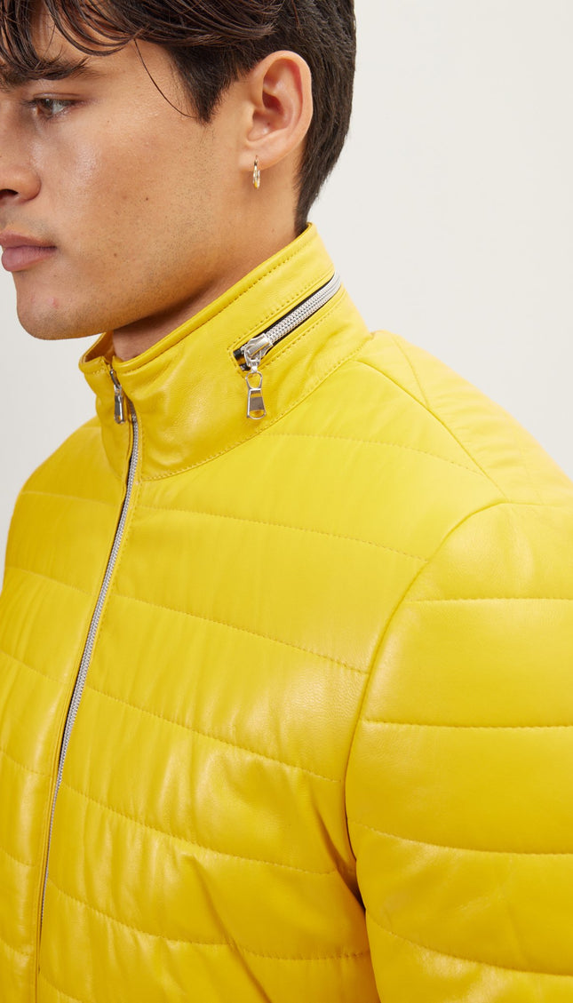 Lambskin Leather Puffer Jacket - Yellow - Ron Tomson
