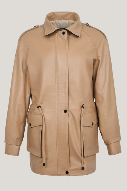 Lambskin Leather Safari Jacket - Dark Beige - Ron Tomson