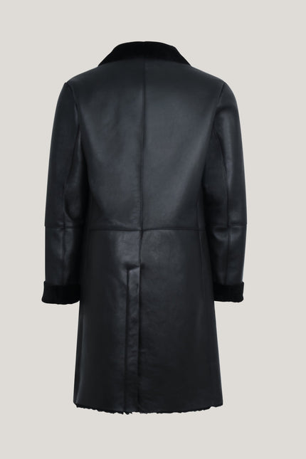 Lambskin Leather Shearling Lined Long Coat - Black - Ron Tomson