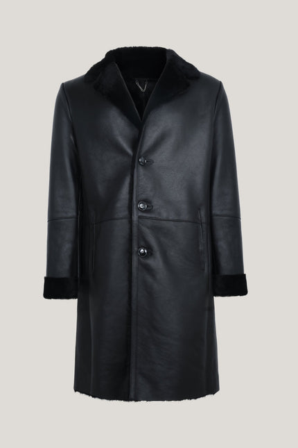 Lambskin Leather Shearling Lined Long Coat - Black - Ron Tomson