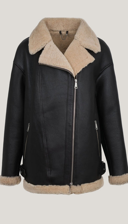 Lambskin Leather Zipper Pockets Shearling Jacket - Dark Brown - Ron Tomson