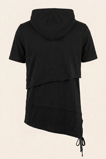 Layered Hooded Short Sleeve Tee - Black - Back
