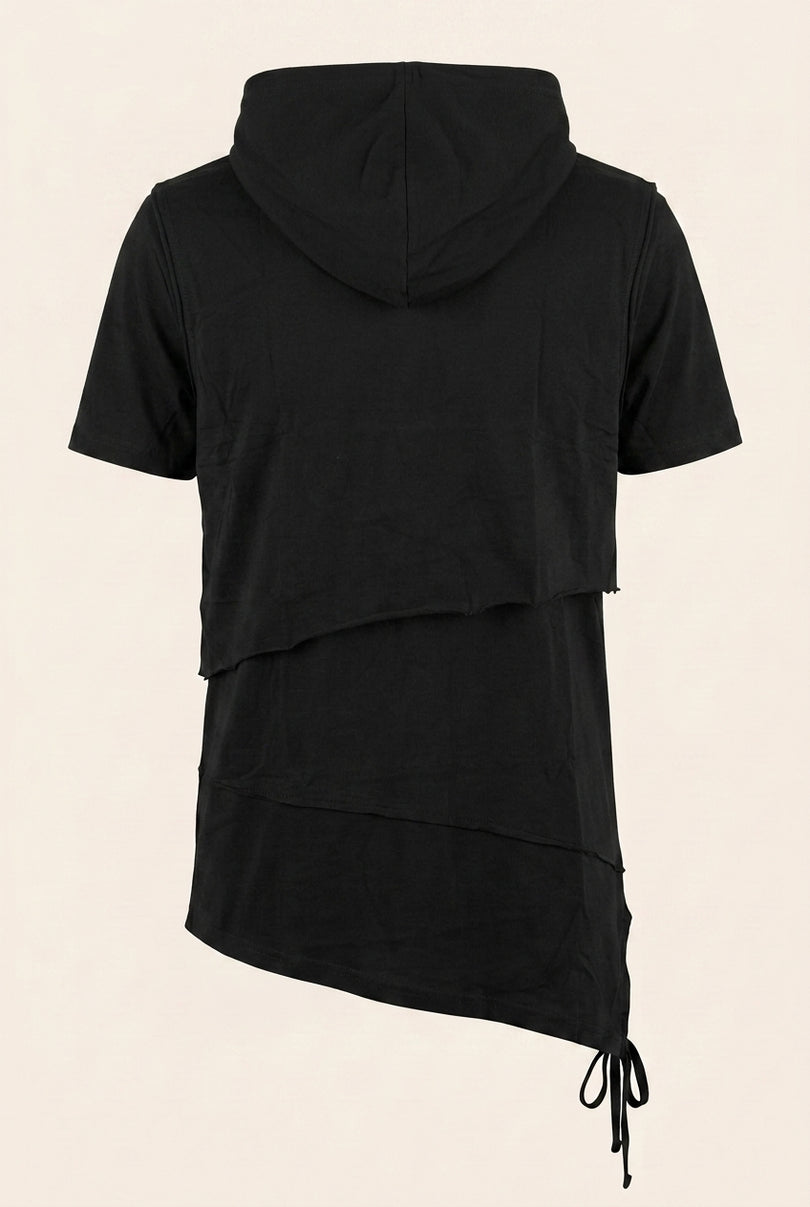 Layered Hooded Short Sleeve Tee - Black - Back