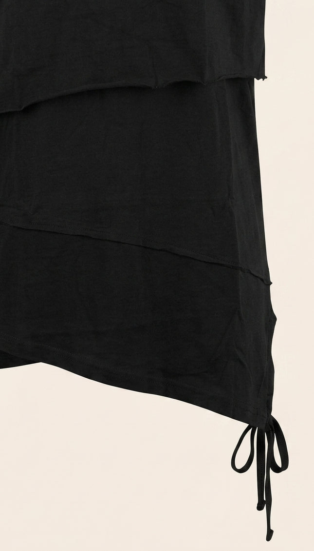 Layered Hooded Short Sleeve Tee - Black - Detail