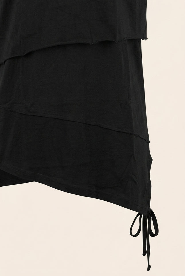 Layered Hooded Short Sleeve Tee - Black - Detail