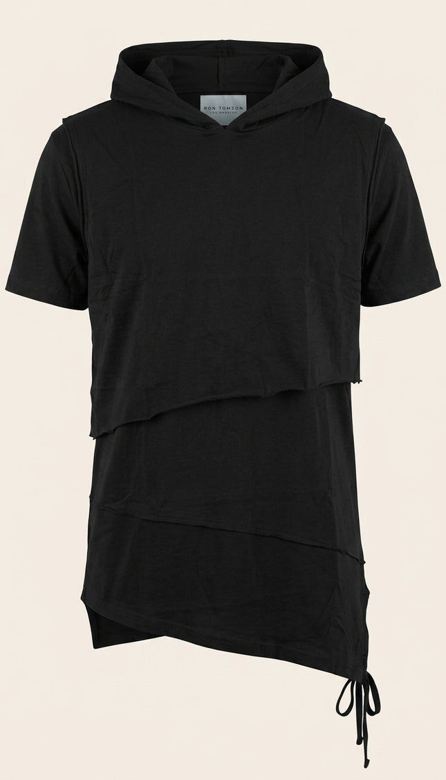 Layered Hooded Short Sleeve Tee - Black - Front