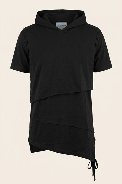 Layered Hooded Short Sleeve Tee - Black - Front