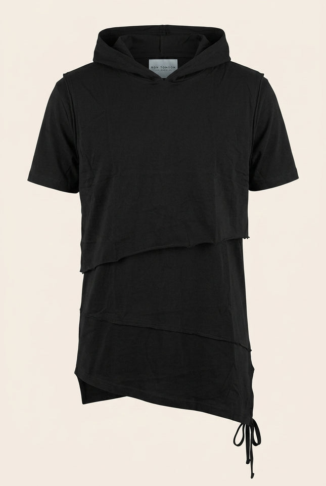 Layered Hooded Short Sleeve Tee - Black - Front