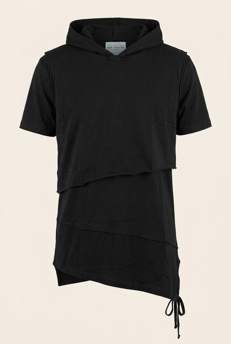 Layered Hooded Short Sleeve Tee - Black - Front