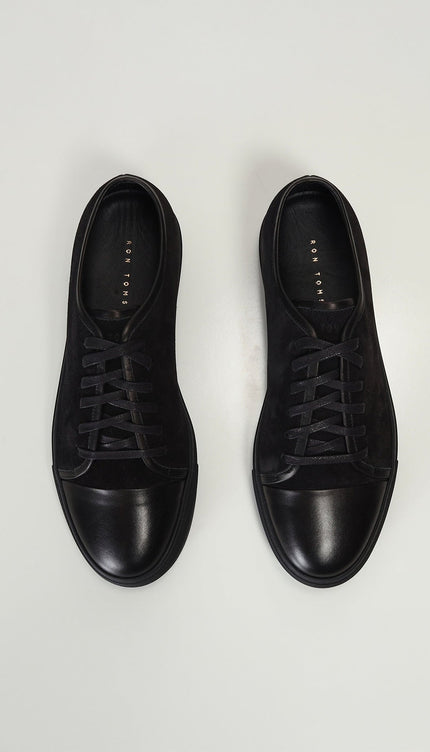 Leather and Suede Court Sneakers - Black Black - Ron Tomson