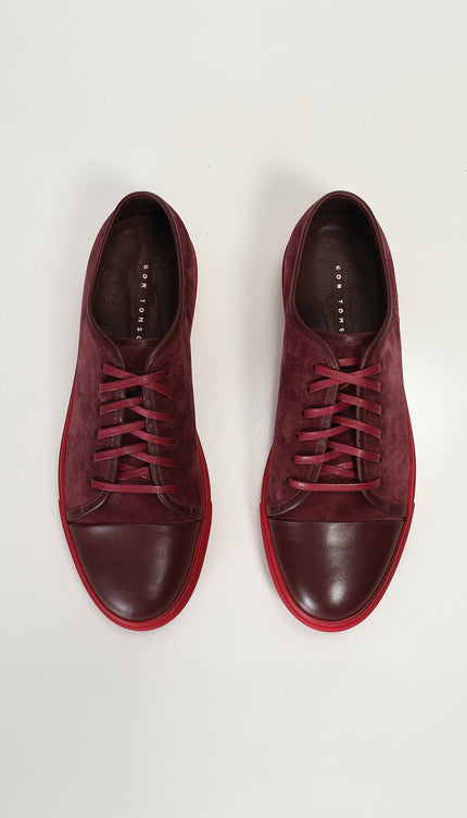 Leather and Suede Court Sneakers - Burgundy Red - Ron Tomson