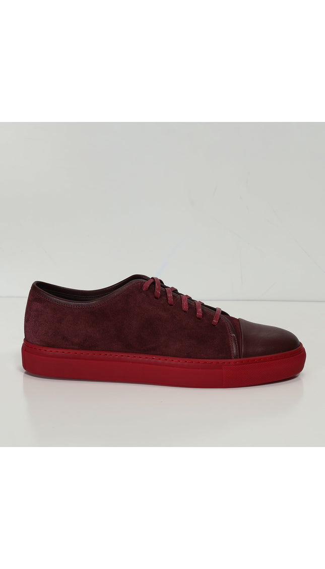Leather and Suede Court Sneakers - Burgundy Red - Ron Tomson