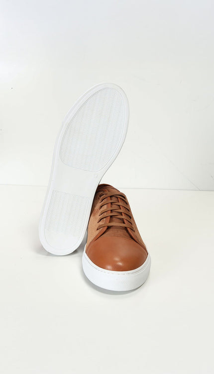 Leather and Suede Court Sneakers - Tan White - Ron Tomson