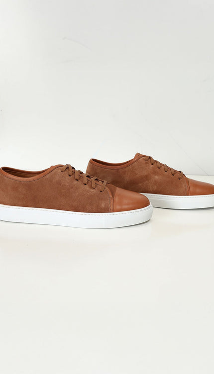 Leather and Suede Court Sneakers - Tan White - Ron Tomson