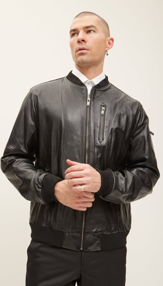 Leather Bomber Jacket - Black - Ron Tomson