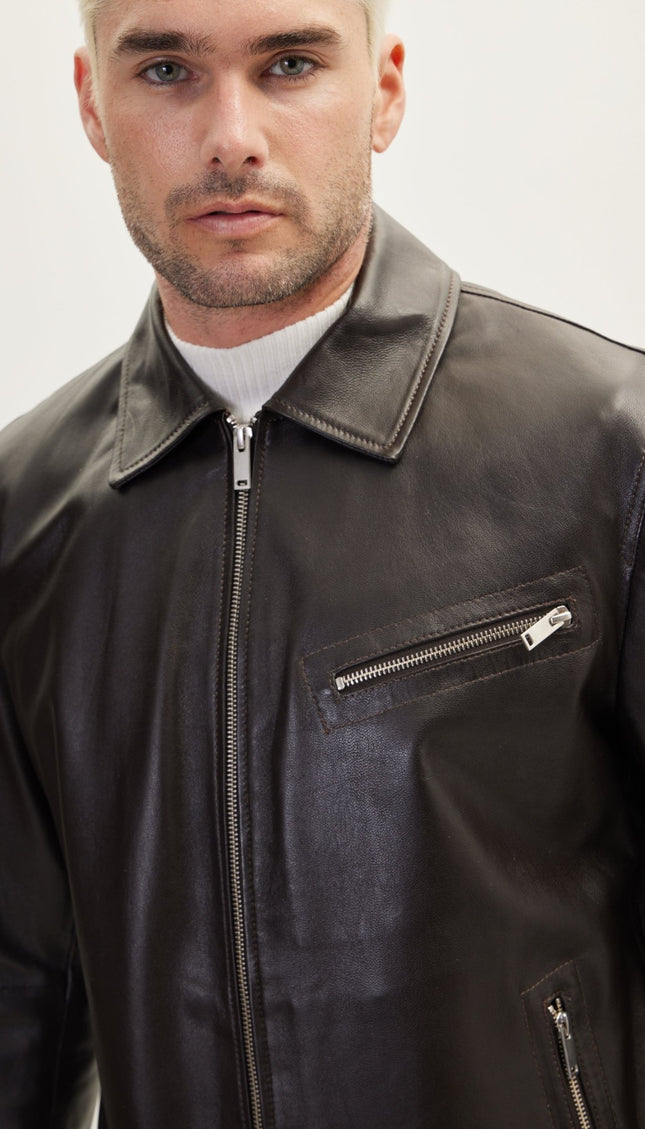 Leather Classic Zip-Up Coat - Dark Brown - Ron Tomson
