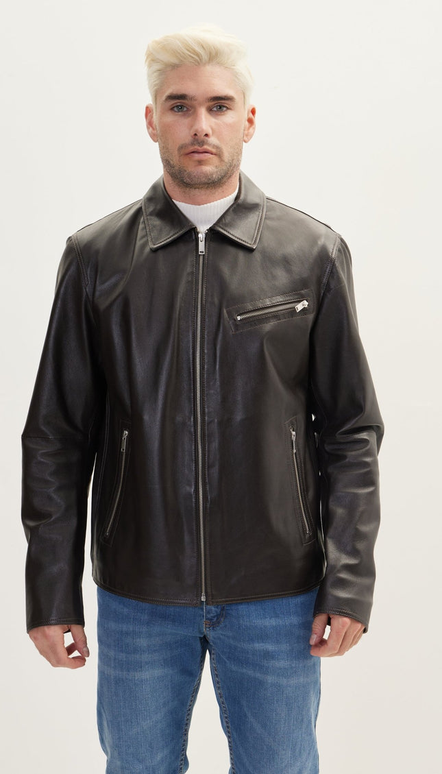 Leather Classic Zip-Up Coat - Dark Brown - Ron Tomson