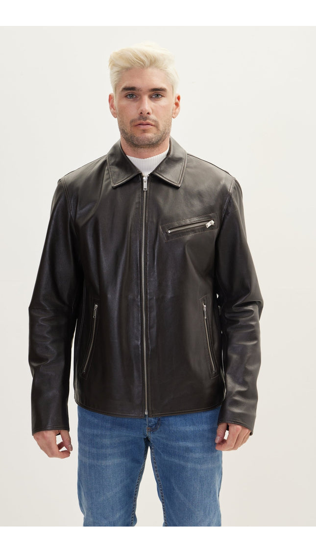 Leather Classic Zip-Up Coat - Dark Brown - Ron Tomson