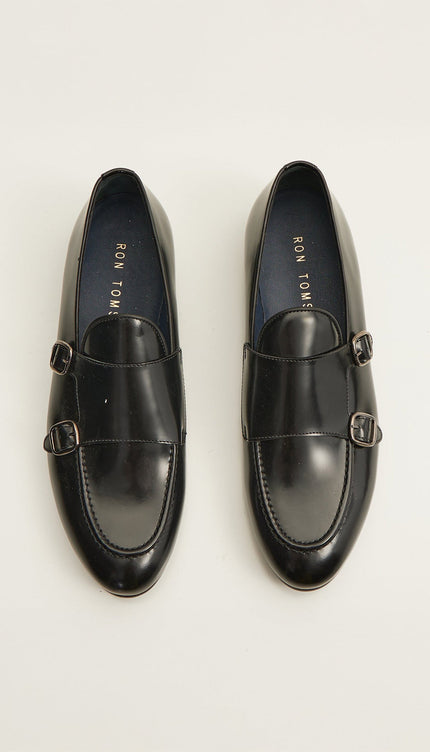 Leather Double Monk Strap Shoes - Black - Ron Tomson