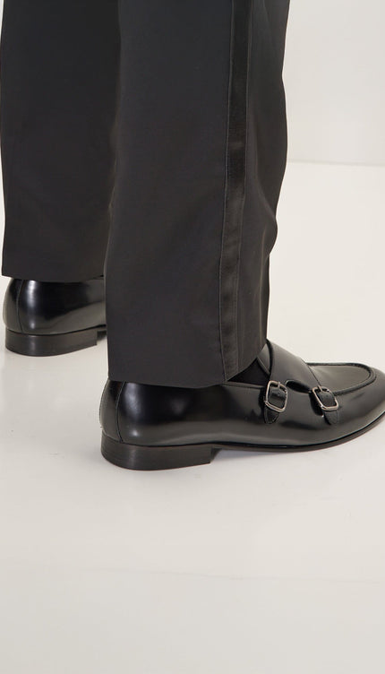 Leather Double Monk Strap Shoes - Black - Ron Tomson