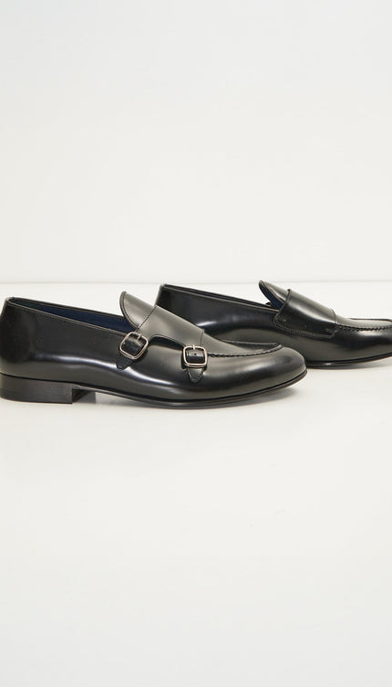 Leather Double Monk Strap Shoes - Black - Ron Tomson