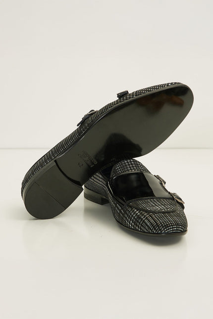Leather Double Monk Strap Shoes - Black - Ron Tomson