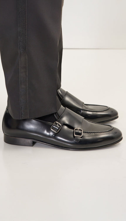 Leather Double Monk Strap Shoes - Black - Ron Tomson