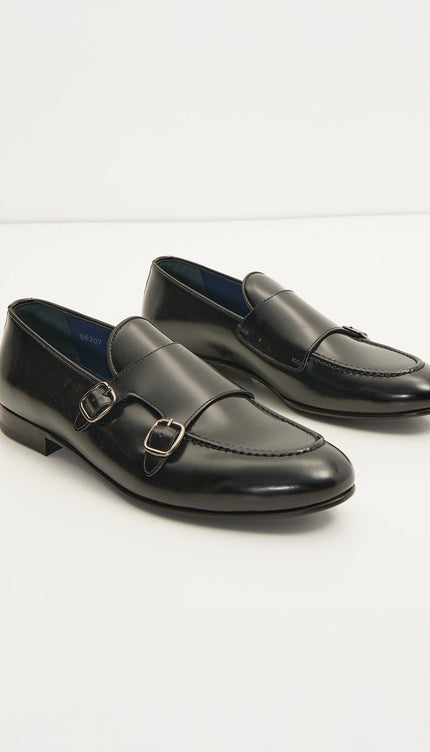 Leather Double Monk Strap Shoes - Black - Ron Tomson