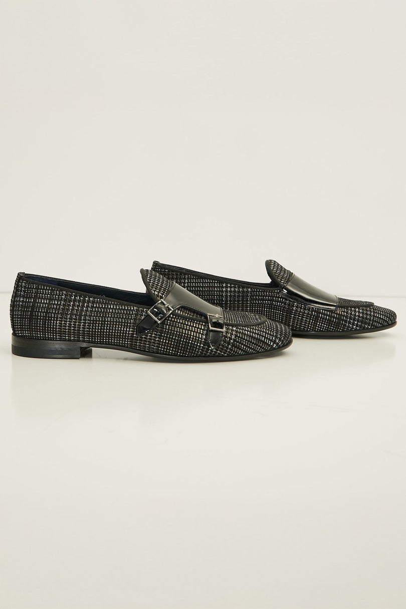 Leather Double Monk Strap Shoes - Black - Ron Tomson