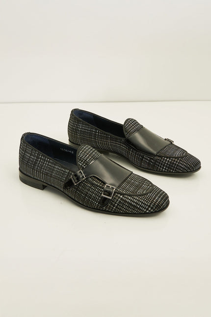 Leather Double Monk Strap Shoes - Black - Ron Tomson