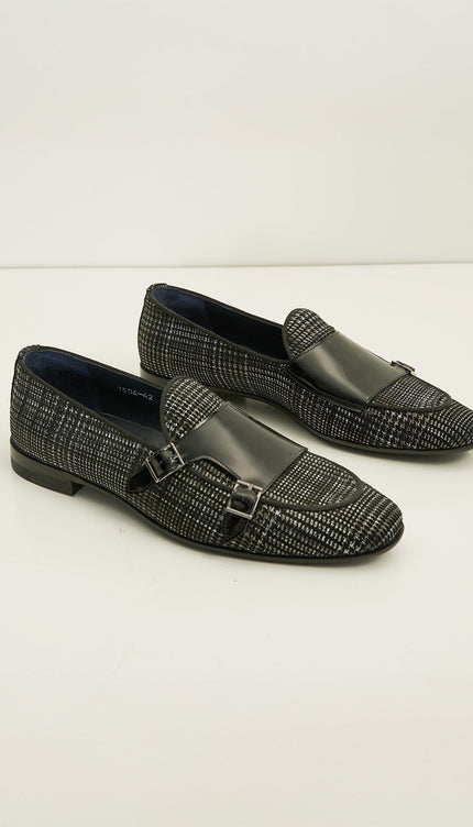 Leather Double Monk Strap Shoes - Black - Ron Tomson