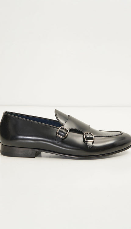 Leather Double Monk Strap Shoes - Black - Ron Tomson