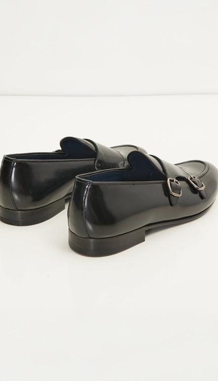 Leather Double Monk Strap Shoes - Black - Ron Tomson