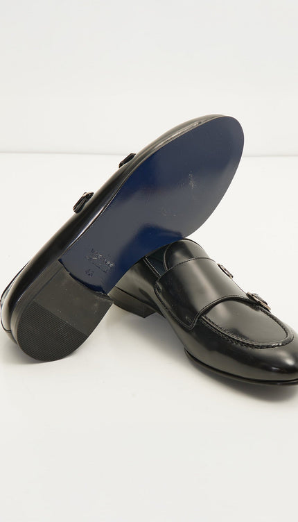 Leather Double Monk Strap Shoes - Black - Ron Tomson