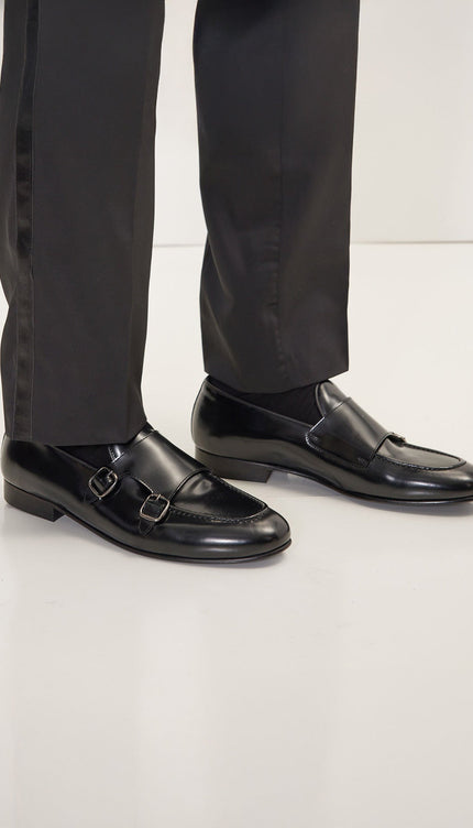 Leather Double Monk Strap Shoes - Black - Ron Tomson