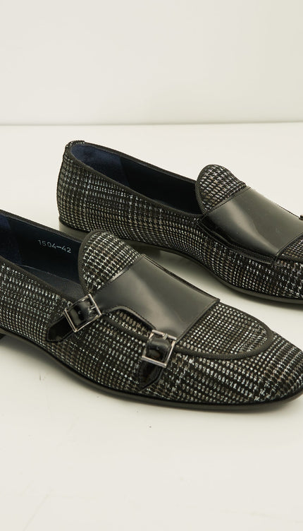 Leather Double Monk Strap Shoes - Black - Ron Tomson