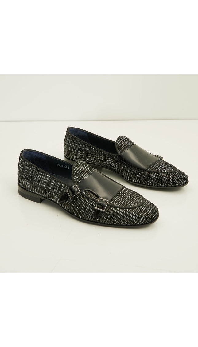 Leather Double Monk Strap Shoes - Black - Ron Tomson