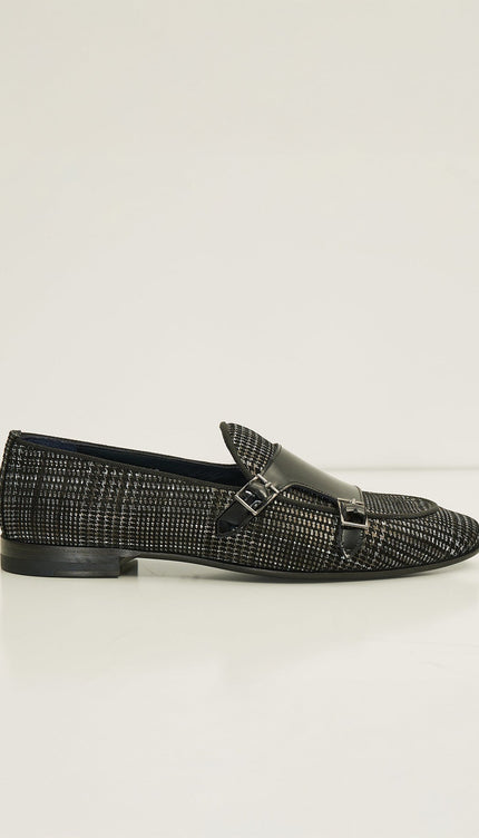 Leather Double Monk Strap Shoes - Black - Ron Tomson