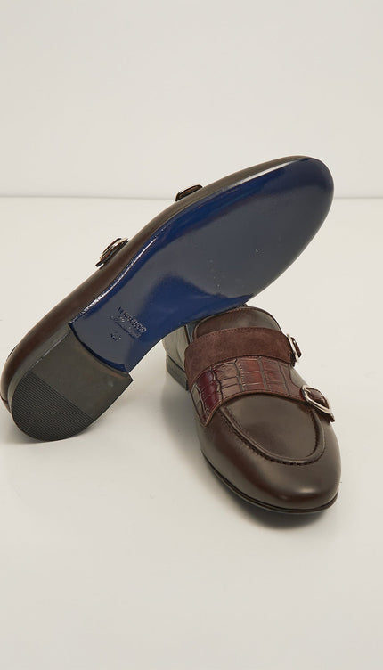 Leather Double Monk Strap Shoes - Brown - Ron Tomson