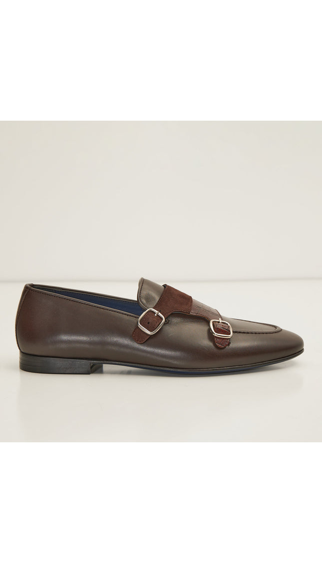 Leather Double Monk Strap Shoes - Brown - Ron Tomson