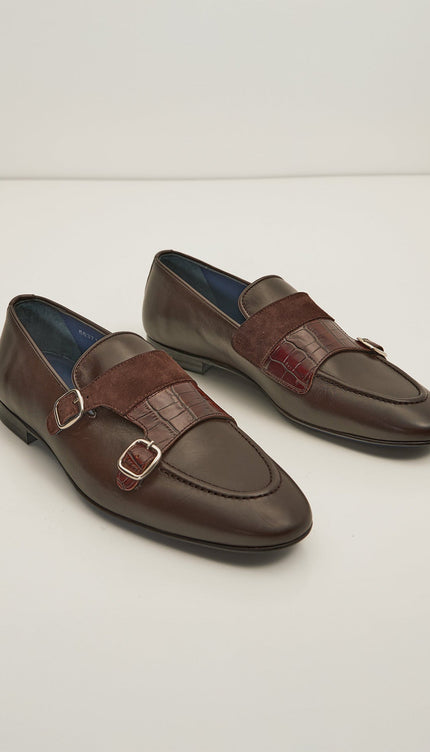 Leather Double Monk Strap Shoes - Brown - Ron Tomson