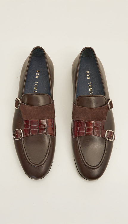 Leather Double Monk Strap Shoes - Brown - Ron Tomson