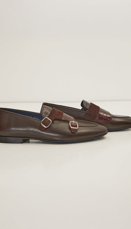 Leather Double Monk Strap Shoes - Brown - Ron Tomson