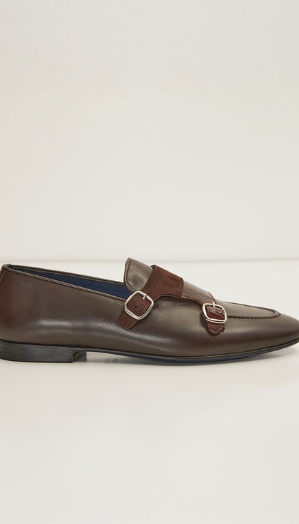 Leather Double Monk Strap Shoes - Brown - Ron Tomson