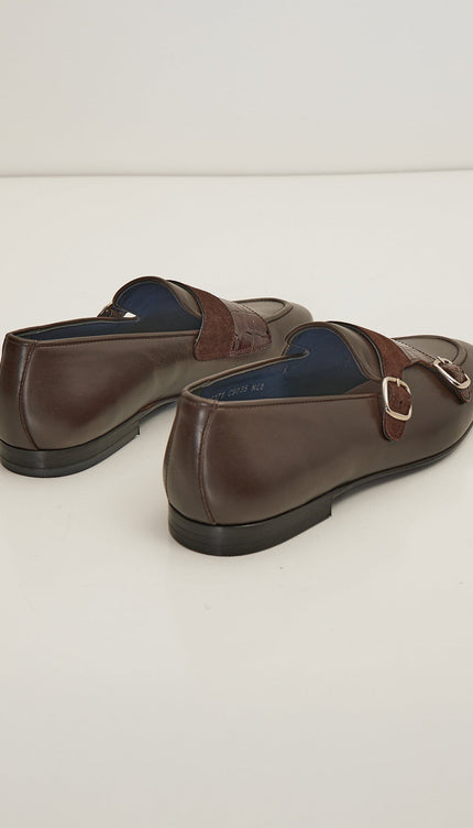 Leather Double Monk Strap Shoes - Brown - Ron Tomson