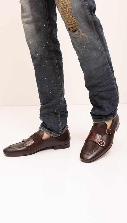 Leather Double Monk Strap Shoes - Brown - Ron Tomson