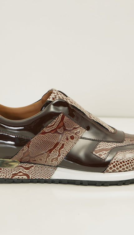 Leather Embossed Snakeskin Sneakers - Brown Beige - Ron Tomson