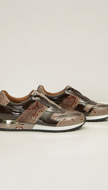 Leather Embossed Snakeskin Sneakers - Brown Beige - Ron Tomson