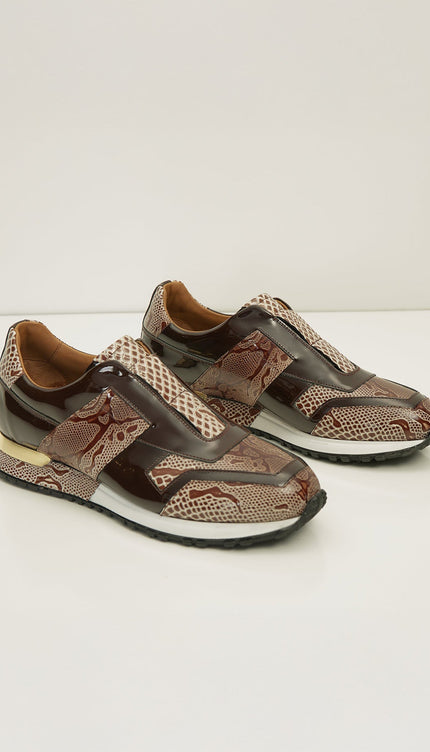 Leather Embossed Snakeskin Sneakers - Brown Beige - Ron Tomson